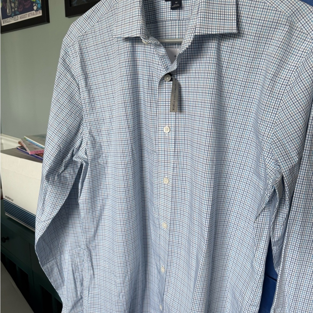 J. Crew Men's Blue and White Checkered Dress Shirt